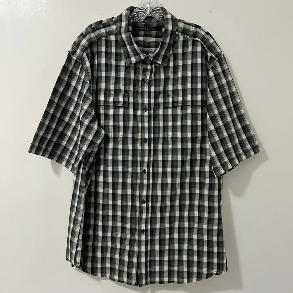 Sean‎ John Mens Plaid Short Sleeve Button Up Shirt Green Blue White Size 3X